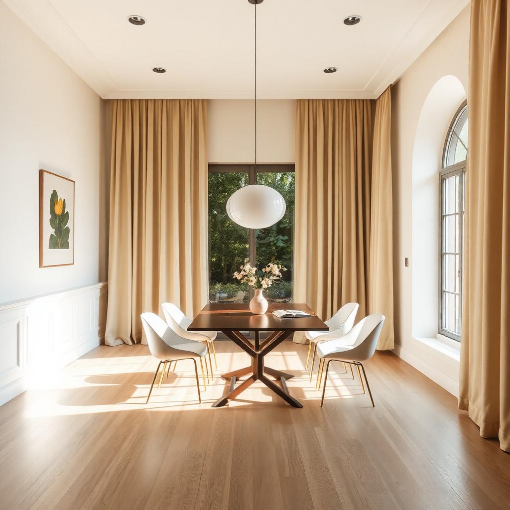 Sala de jantar com piso laminado e cortinas