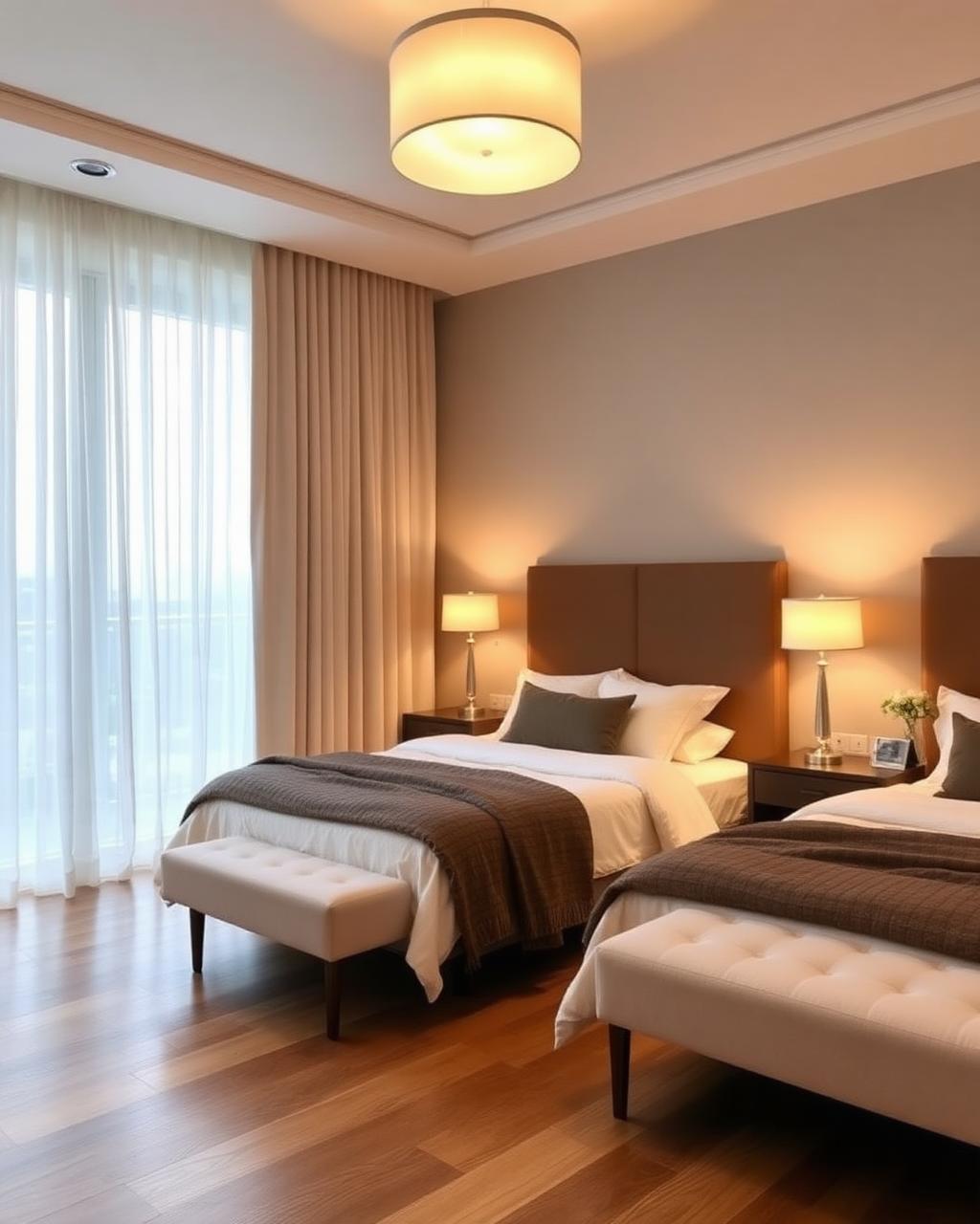 Quarto com piso vinílico e cortinas sob medida