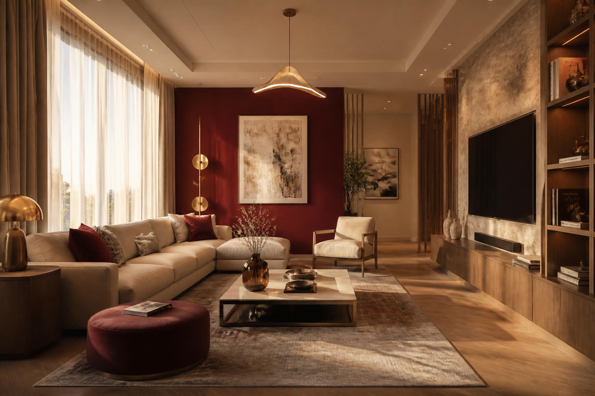 Interior residencial sofisticado com piso laminado, cortinas e detalhes em vermelho