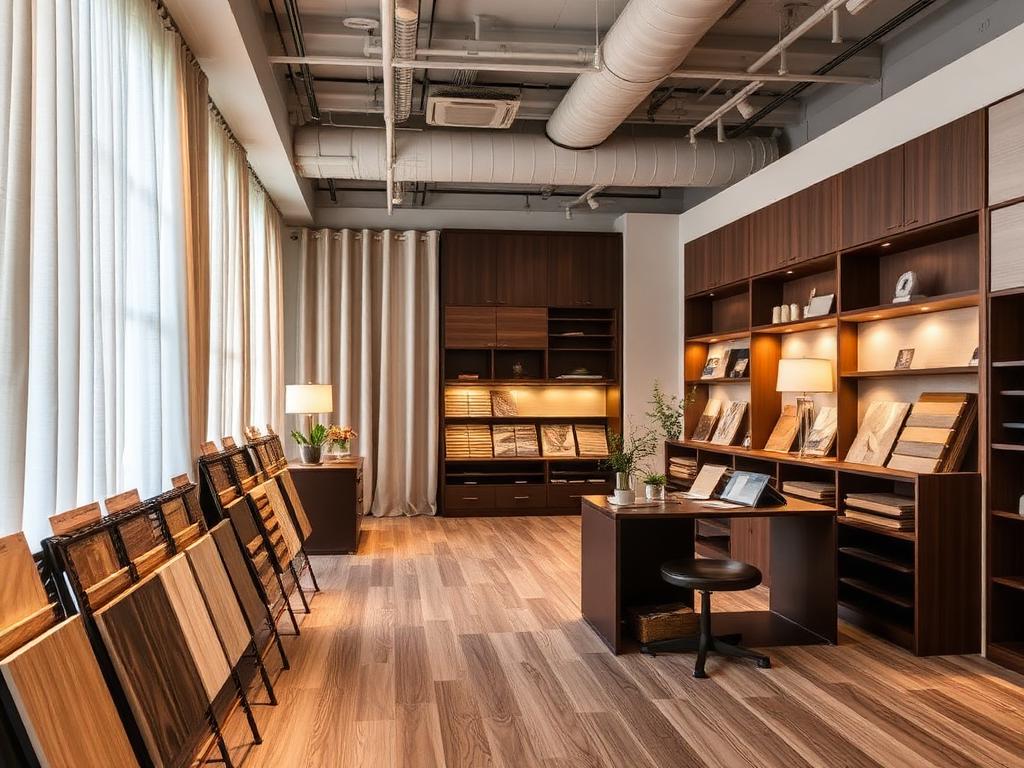 Showroom da Decor Shop Limeira com amostras de pisos e cortinas